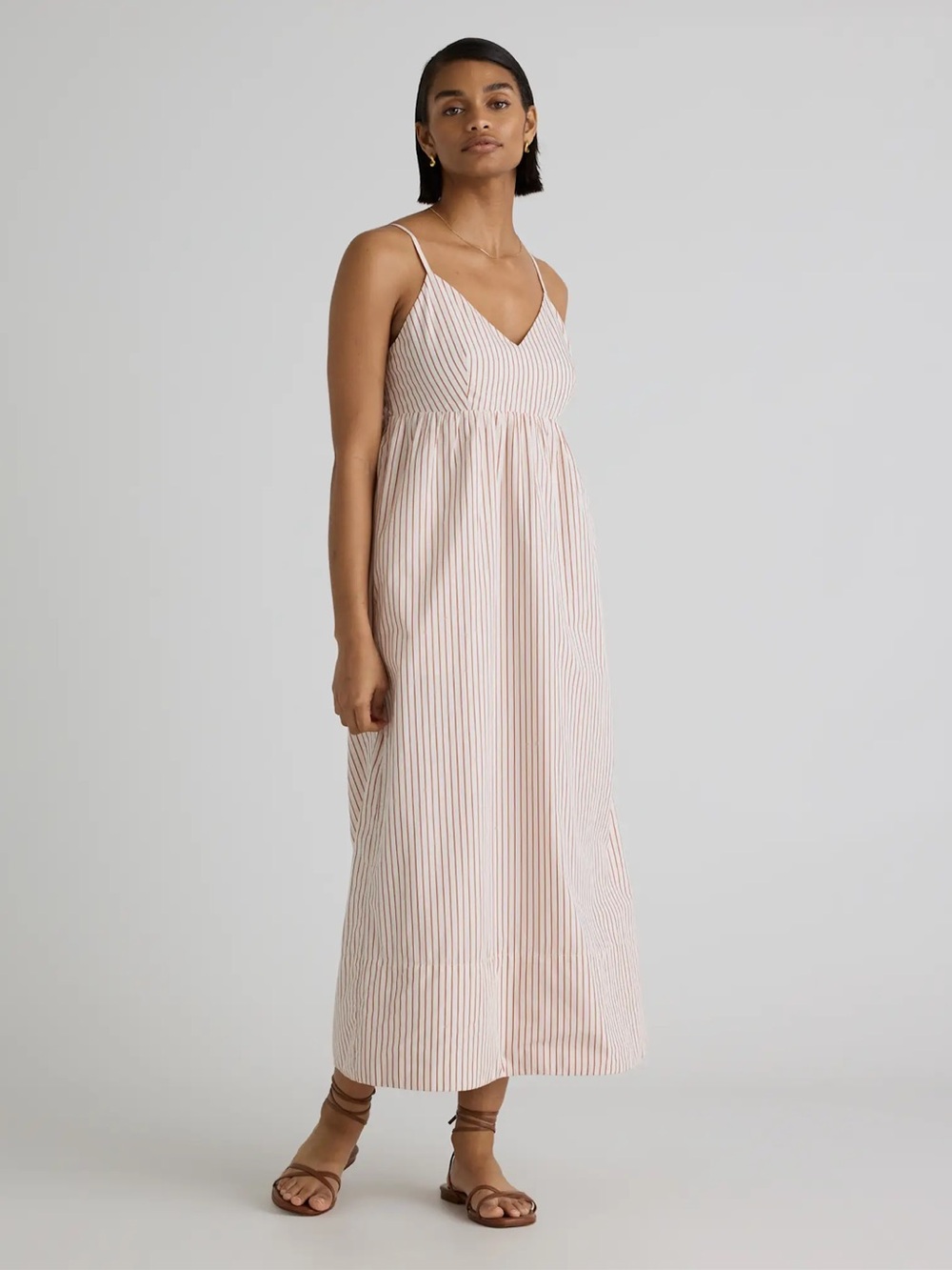 Quince Organic Cotton Rust Brown Striped Spaghetti‑Strap Maxi Dress